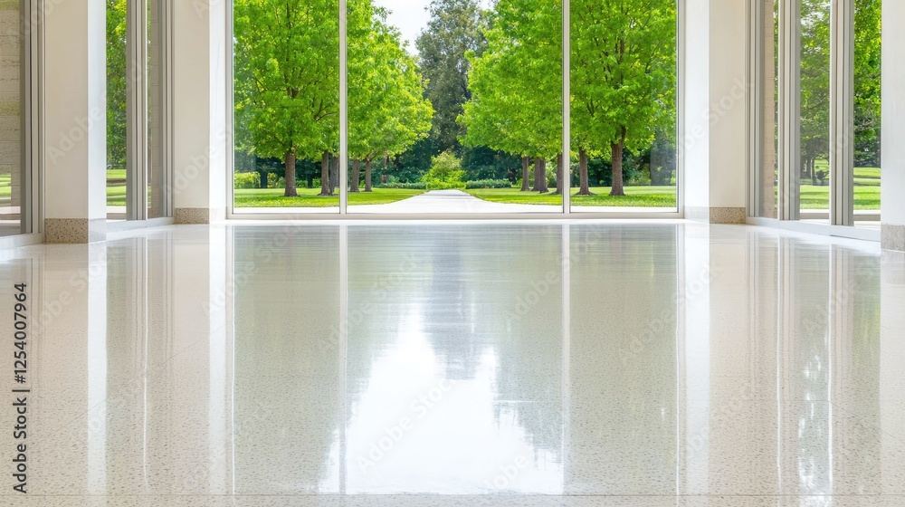 Fototapeta premium Modern building interior, large windows, green park view, glossy floor, empty space