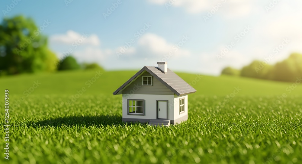 small model house on the outdoor grass, sunshine light, real state concept, banner, copy space small model house on the outdoor grass, sunshine light, real state concept, banner, copy space