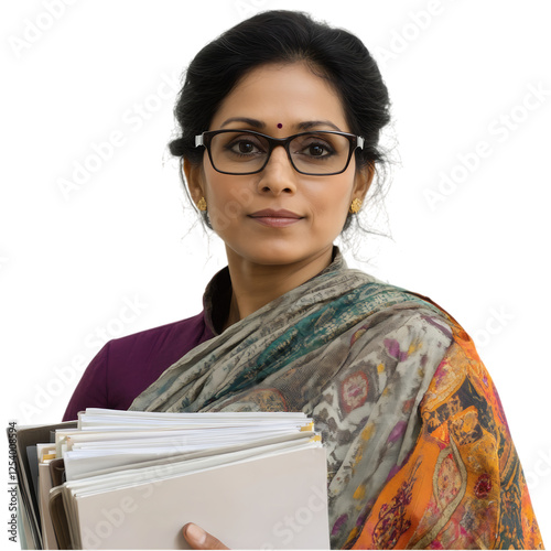 Professional Indian Female Teacher Holding Files Isolated, AI Generated  .