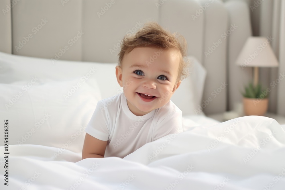 Caucasian baby boy smiling on white bed in morning light. Cozy home portrait of happy child for family. National Baby Day and Children Day Caucasian baby boy smiling on white bed in morning light. Cozy home portrait of happy child for family. National Baby Day and Children Day