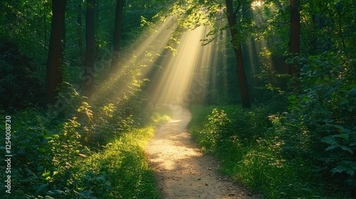 Sunbeams illuminate forest path, nature scene photo