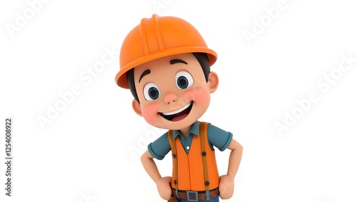 Cartoon character of worker smiling wearing orange helmet on white background, labor day, copy space