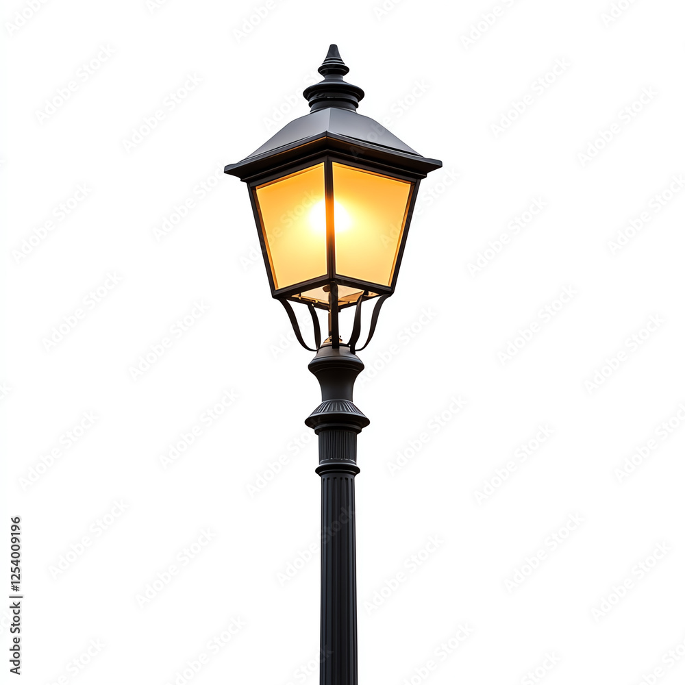 A classic street lamp illuminated against a blank background A classic street lamp illuminated against a blank background