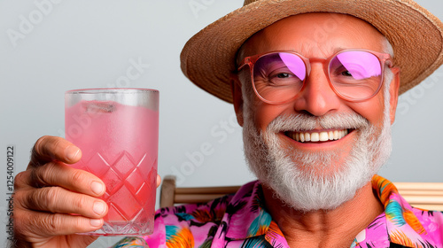 Senior vacation vibes: relaxed old man in bright Hawaiian shirt sips drink, embracing stress-free tropical getaway. Pure happiness and relaxation captured in one moment.