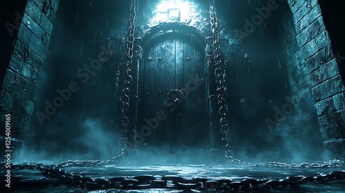 Massive doorway covered in chains with unnatural shadows shifting behind it