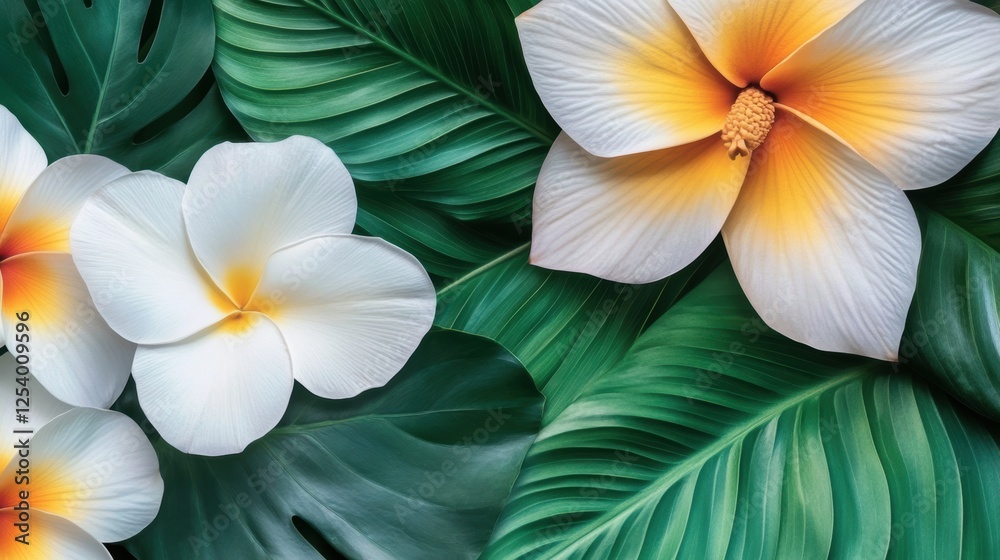 Obraz premium A vibrant arrangement of tropical flowers and leaves showcases exotic beauty, perfect for nature-themed projects, wallpapers, or wellness materials