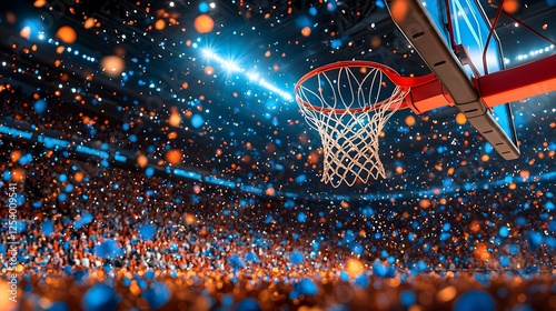 Basketball hoop with confetti falling over a cheering crowd