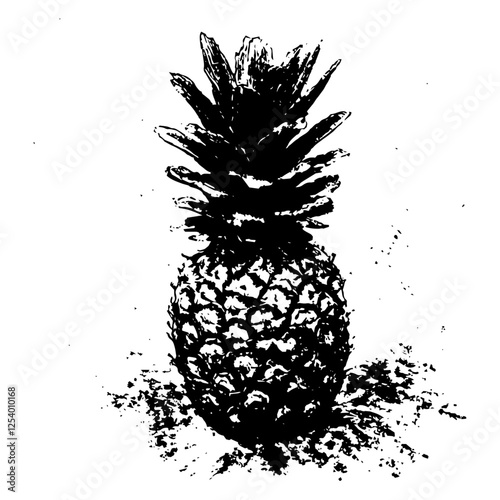 black and white vector of tropical pineapple in vintage style, detailed fruit illustration with texture