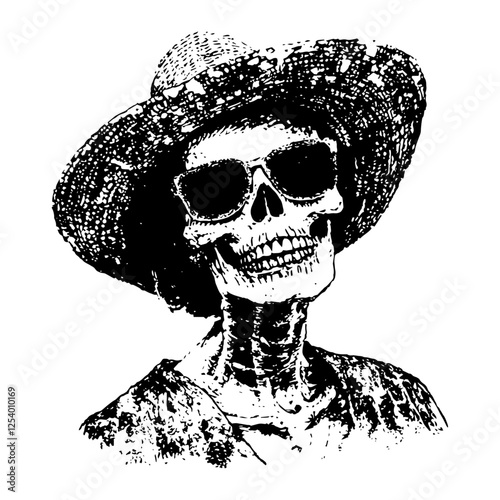 black and white vector of skeleton in straw hat and sunglasses, humorous vintage-style illustration