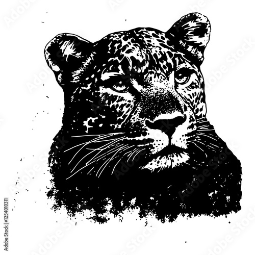 realistic leopard head vector in black and white, wild feline portrait with detailed fur texture