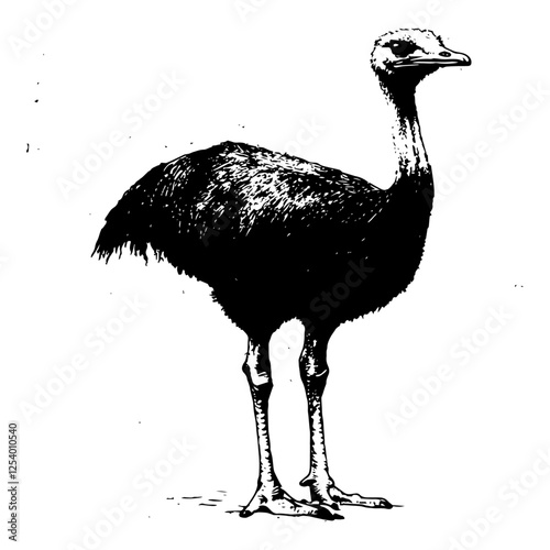 ostrich bird standing, black and white engraving style vector, detailed wildlife illustration