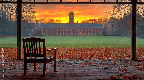 Autumn Sunrise Over College Building View From Chair photo