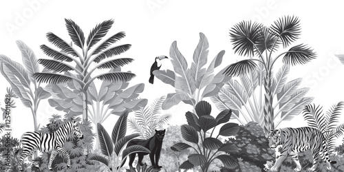 Tropical vintage botanical landscape, tiger, zebra, panther animal, toucan bird, grey palm tree, banana tree, plant floral seamless border white background. Exotic jungle mural.	
