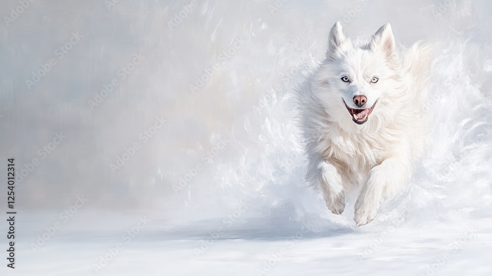 Fototapeta premium White fluffy dog joyfully running in snow