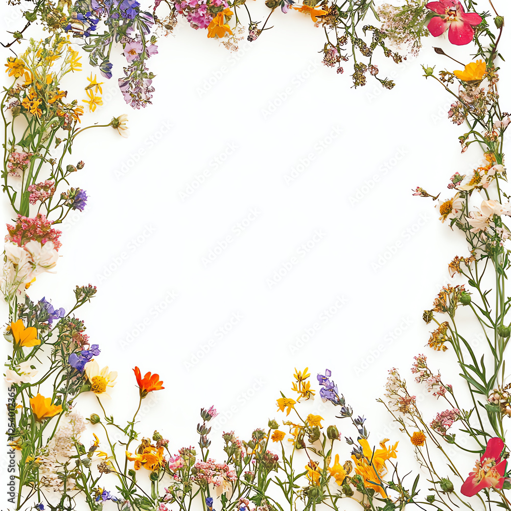 A vibrant frame made of assorted wildflowers, showcasing a colorful array of petals and greenery. Perfect for nature themes and floral designs it adds a touch of natural beauty. A vibrant frame made of assorted wildflowers, showcasing a colorful array of petals and greenery. Perfect for nature themes and floral designs it adds a touch of natural beauty.