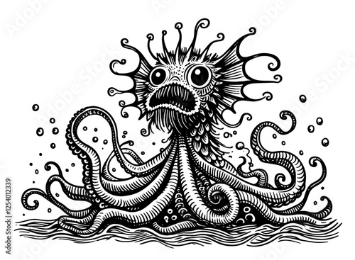 terrifying sea monster with tentacles vector illustration