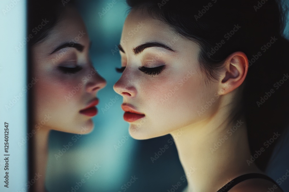 A serene face alongside a mirror reflection, accentuated by glossy lips, capturing a moment of poised elegance and self-contemplation. A serene face alongside a mirror reflection, accentuated by glossy lips, capturing a moment of poised elegance and self-contemplation.