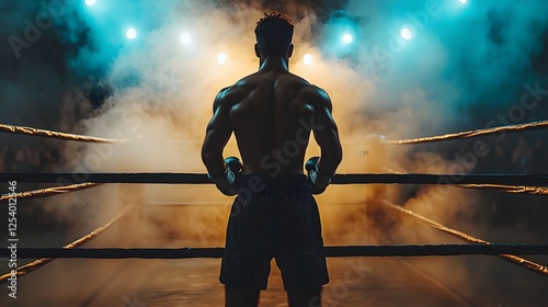 Boxer Stands Facing Away In Smoky Boxing Ring