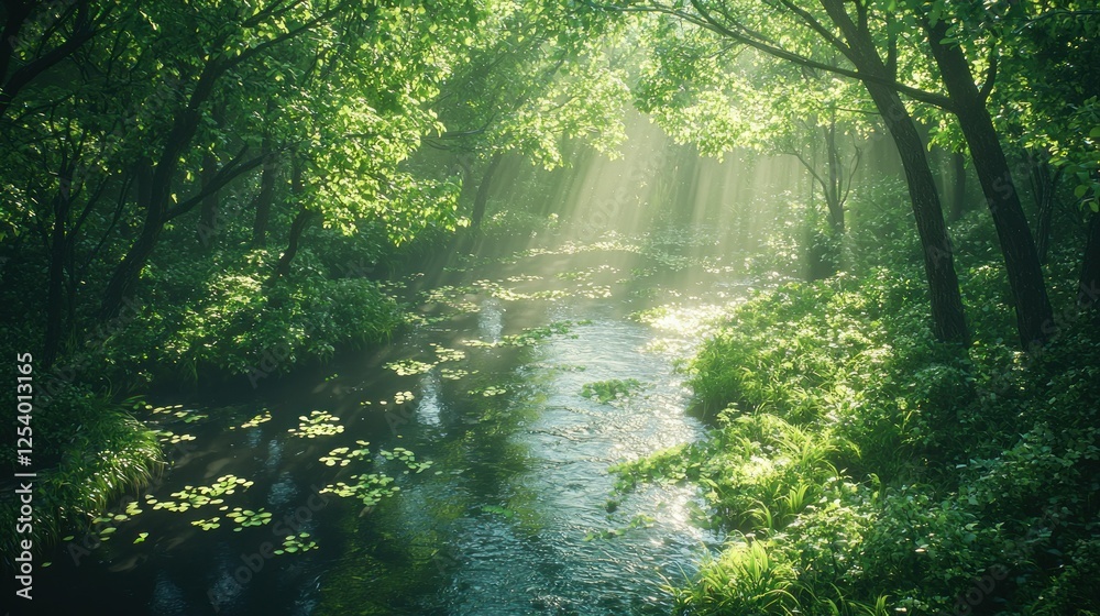 Obraz premium Sunbeams through forest, river, mist, serene nature scene, eco wallpaper