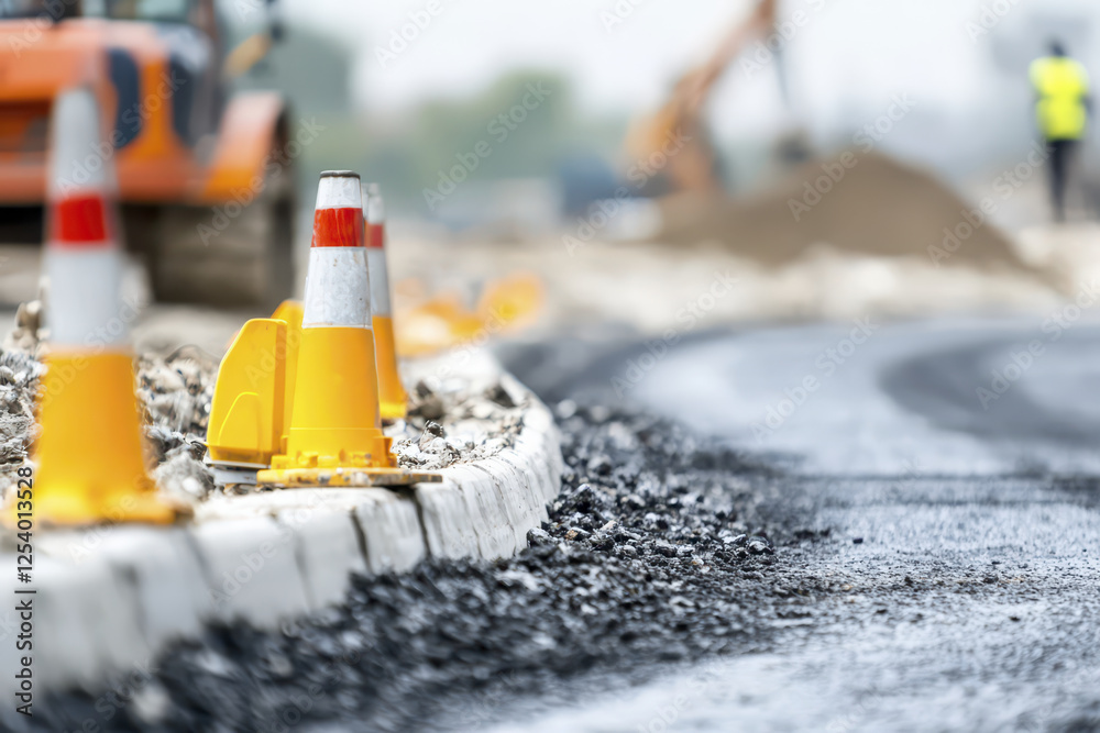 Construction site with orange traffic cones and freshly laid asphalt Construction site with orange traffic cones and freshly laid asphalt