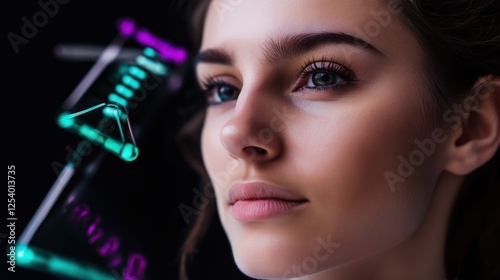 A striking abstract representation blends human beauty with pharmaceutical elements in a modern, ethereal setting
