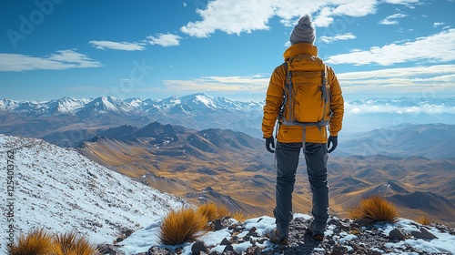 Hiker admires Andes mountain vista; snowy peak background; travel