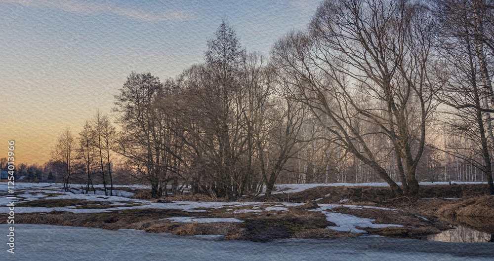 Obraz premium Winter landscape with trees and a frozen lake