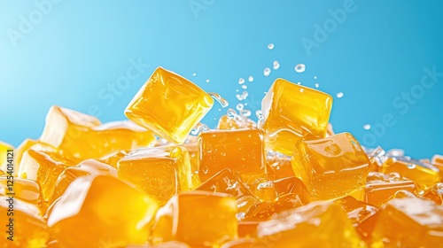 Brown sugar and molasses create rich, flavorful candies. Bright yellow gelatin cubes with splashes of water against a blue background.