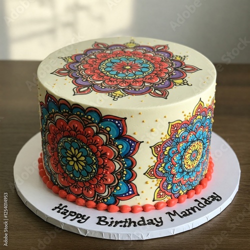 Hand-painted mandala cake with vibrant colors and 