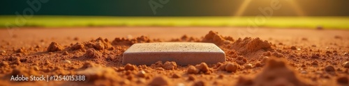 Dry dirt home plate close-up Game's end, sun-baked infield , dry dirt, baseball, perspective view