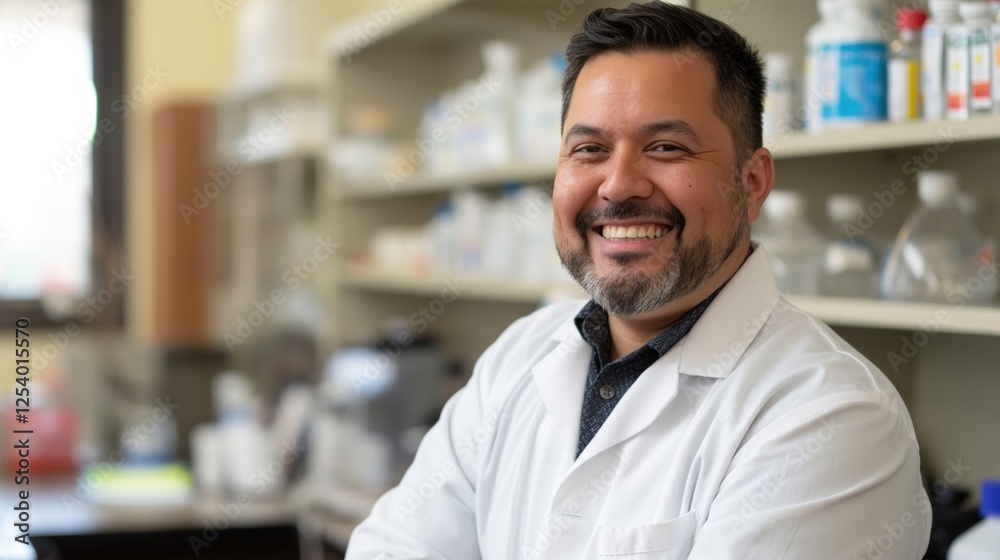Obraz premium A happy Hispanic American male pharmacist stands confidently in a professional pharmacy filled with medications