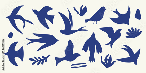 Abstract birds. Simple bird silhouettes, minimalistic hand drawn folk decorative birdy elements and organic shapes for pattern sticker print design. Vector isolated set