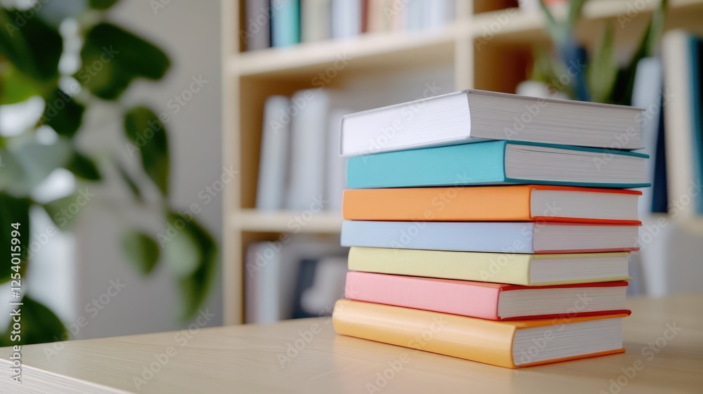 Stack of colorful books on wooden desk in library Stack of colorful books on wooden desk in library