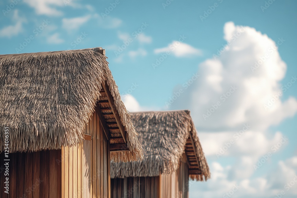 Rustic thatched roofs bask under a bright blue sky, with fluffy clouds adding softness to the serene, tropical setting. Rustic thatched roofs bask under a bright blue sky, with fluffy clouds adding softness to the serene, tropical setting.