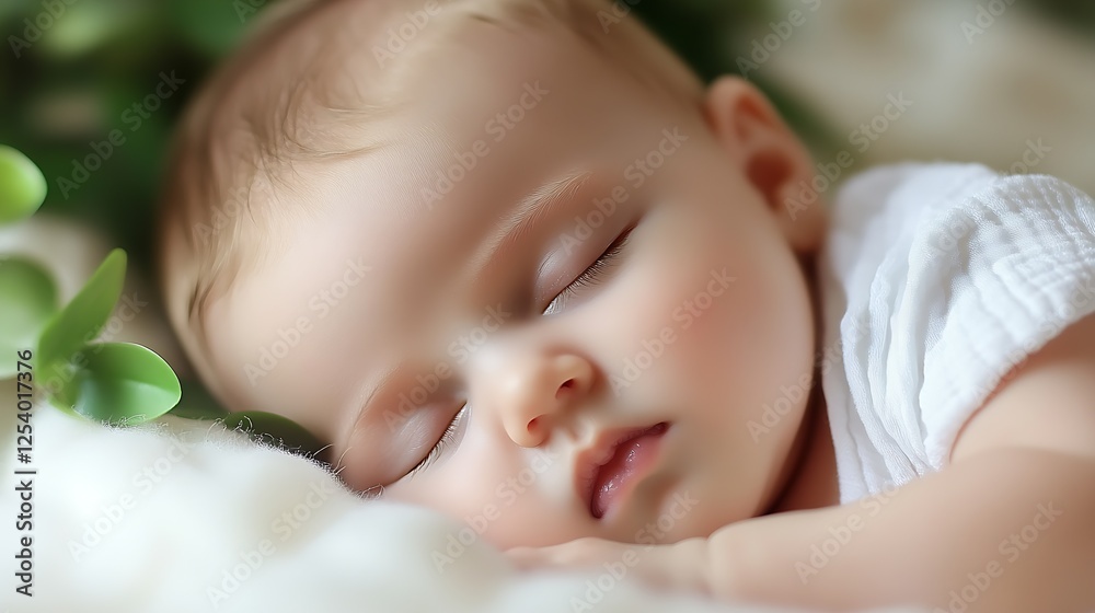 Peaceful baby resting surrounded by greenery and soft textures of a cozy environment : Generative AI Peaceful baby resting surrounded by greenery and soft textures of a cozy environment : Generative AI