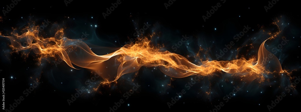 Cosmic fire abstract in space with glowing orange flames and stars on black background. Design for Halloween, Samhain, bonfire night, fire festival, new year celebration Cosmic fire abstract in space with glowing orange flames and stars on black background. Design for Halloween, Samhain, bonfire night, fire festival, new year celebration