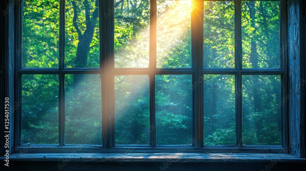 Fototapeta premium Sunlight streams through window, lush forest view, peaceful morning scene, ideal for relaxation themes