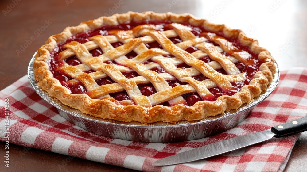 Cherry pie with lattice crust on checkered cloth Cherry pie with lattice crust on checkered cloth