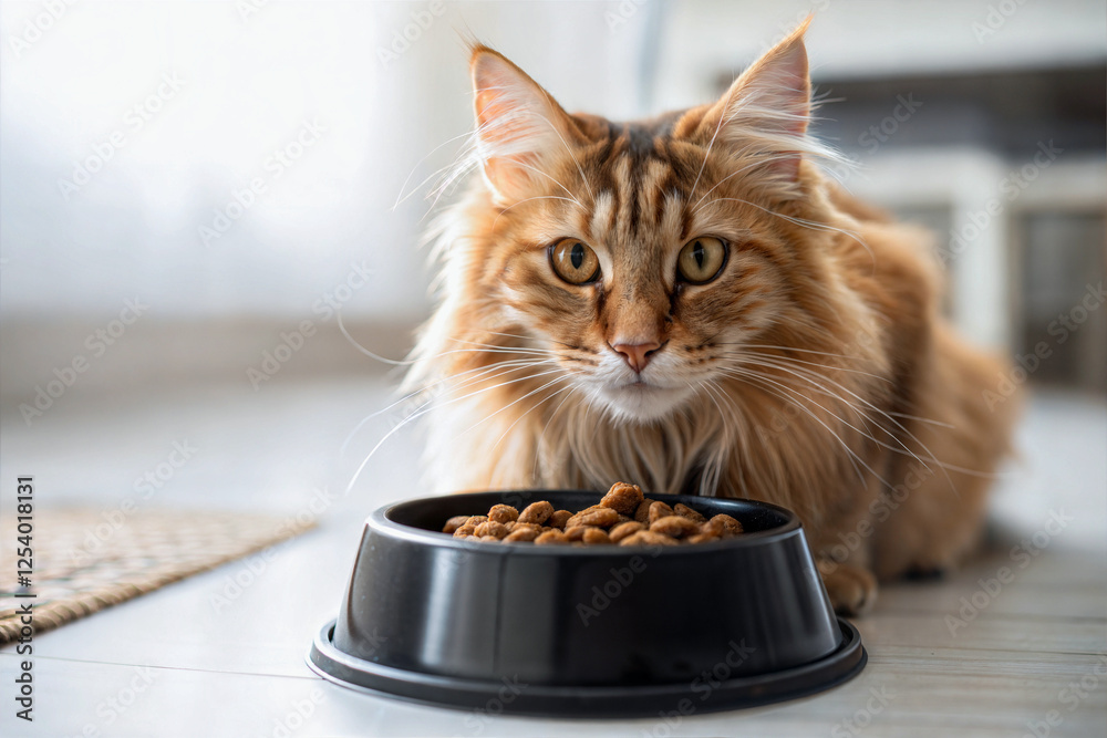 Beautiful cat Maine coon eating food from bowl, pets and animals, isolated on clean background