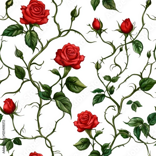 Red roses, thorny vines, seamless pattern, white background, textile print