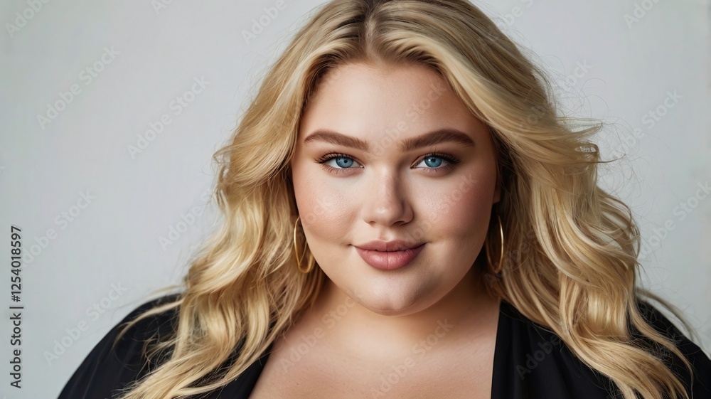 Caucasian young female plus size model on white background wearing black, copy space. She stands smiling, with blonde hair, light skin, and blue eyes, showing confidence and body positivity Caucasian young female plus size model on white background wearing black, copy space. She stands smiling, with blonde hair, light skin, and blue eyes, showing confidence and body positivity