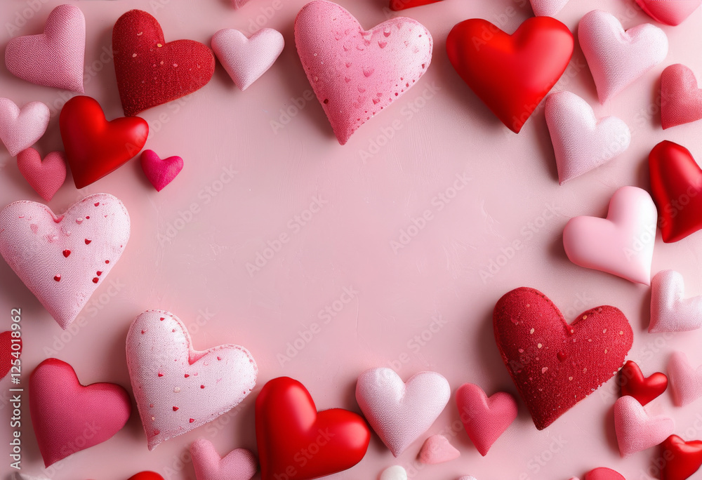 Fototapeta premium Rote und rosa Herzen bilden einen Rahmen auf einem zarten rosa Hintergrund – ideal für romantische Botschaften oder Karten. Generative KI.