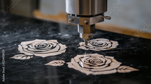 CNC machine engraving rose patterns on a polished black granite surface. Precision stone carving process for memorial plaques and tombstones.