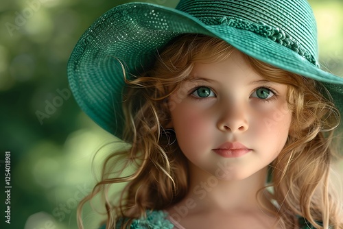 Caucasian little girl in turquoise summer hat with curly blonde hair and blue eyes outdoors. Portrait for Children's Day, Easter, World Photography Day or Family Day
