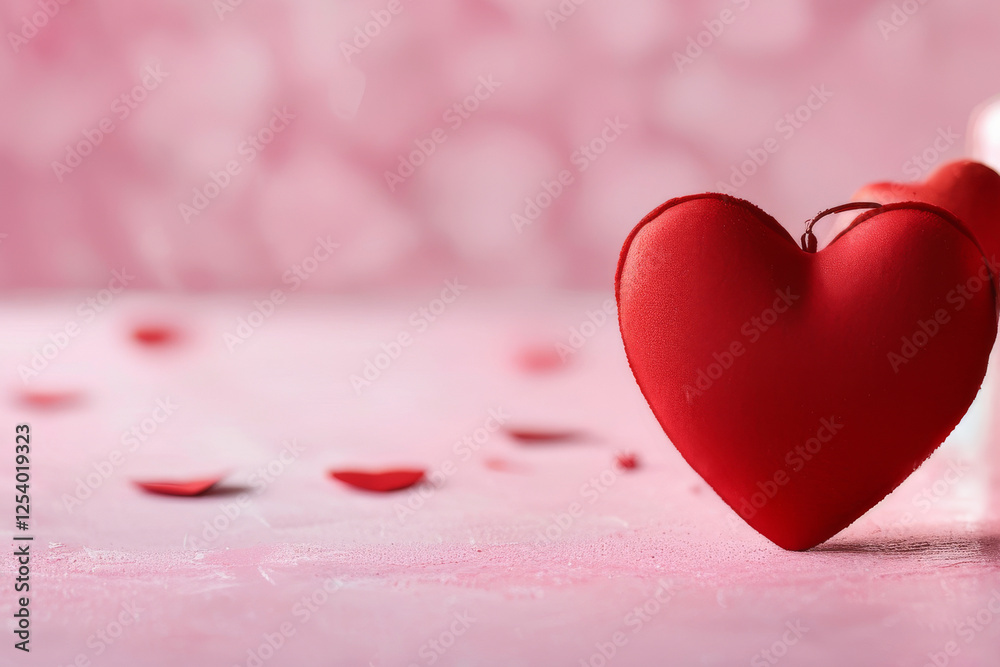 Ein rotes Herz im Fokus auf rosa Hintergrund mit unscharfen Lichteffekten und verstreuten Herzstücken – schlicht und romantisch. Generative KI. Ein rotes Herz im Fokus auf rosa Hintergrund mit unscharfen Lichteffekten und verstreuten Herzstücken – schlicht und romantisch. Generative KI.