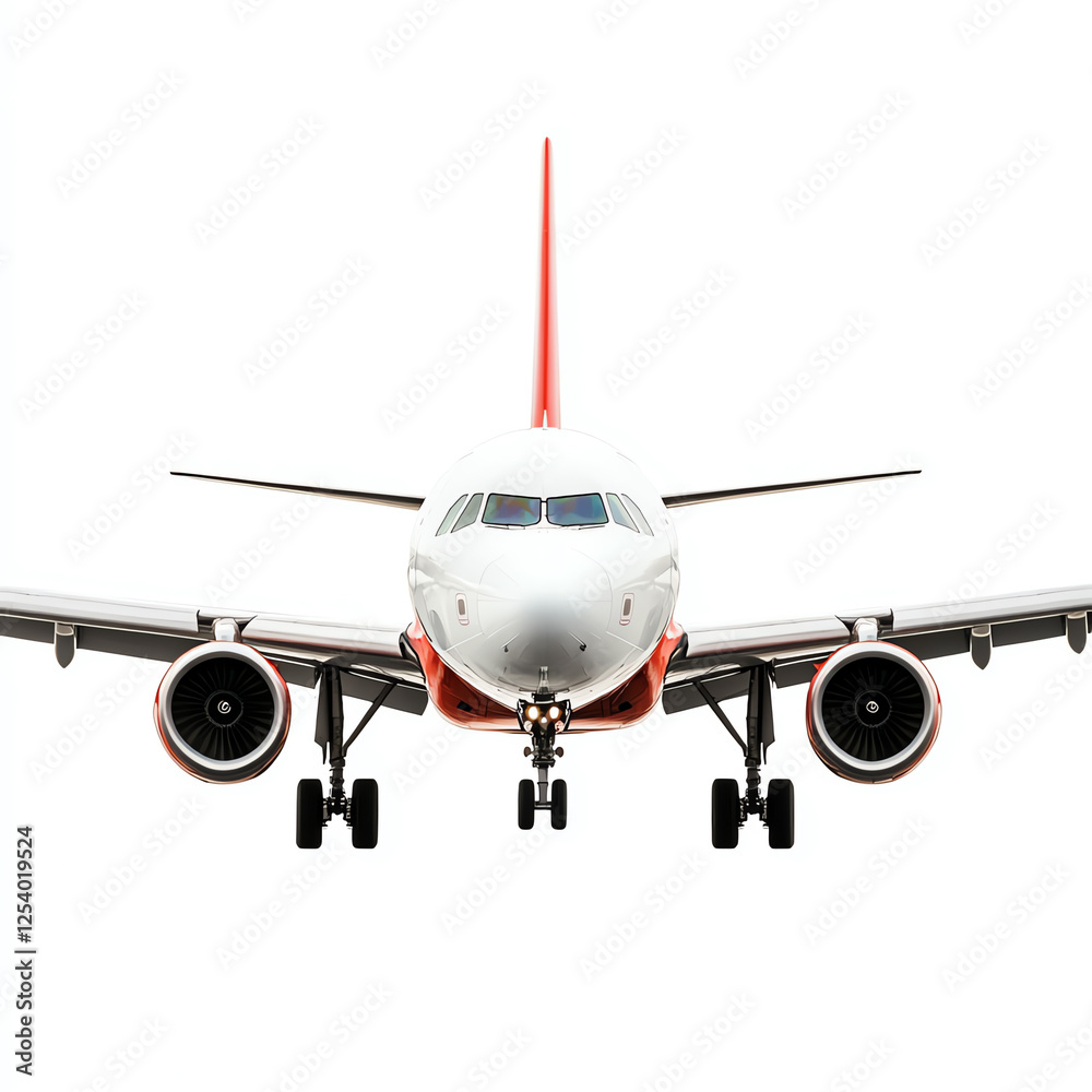 Naklejka premium A front view of a modern airplane ready for takeoff on a white background. The aircraft features sleek design and vibrant colors, symbolizing air travel and adventure.