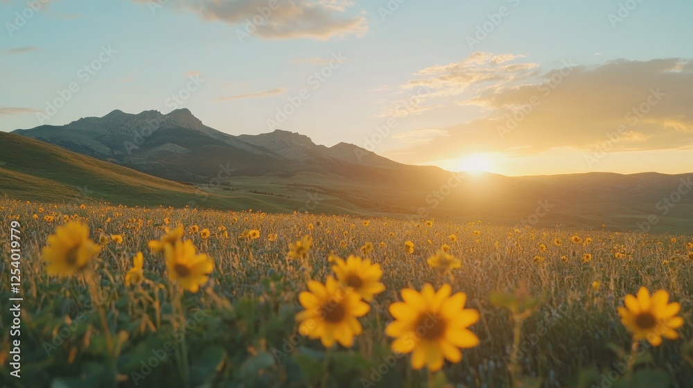 Fototapeta premium Field of Sunflowers and Mountain Background