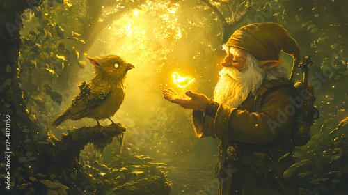 A gnome tinkerer presenting a glowing mechanical bird to an astonished elf in a brightly lit forest clearing. Mechanical Forests. Illustration
