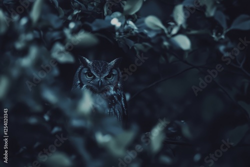 An owl quietly peers through dense foliage, perfectly camouflaged, creating an aura of mystery and keen observation. photo