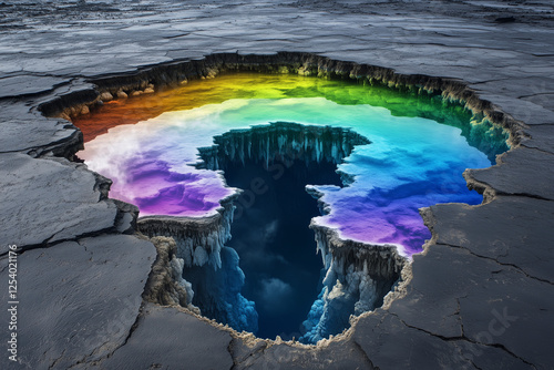 Colorful rainbow hole in cracked ground revealing vibrant water layers underneath in surreal landscape